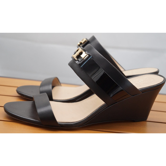 Tory Burch Women’s Black Leather Slide Wedges SZ 9 - Picture 2 of 16